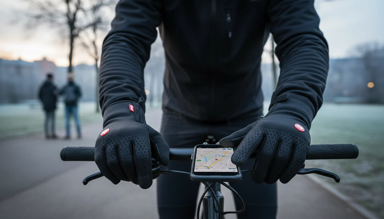 Cyclist wearing gloves while holding bicycle handlebars