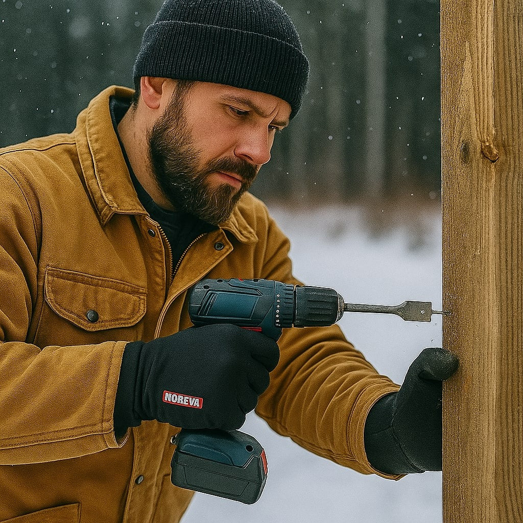 Worker wearing a black knit hat and gloves while using a drill outdoors