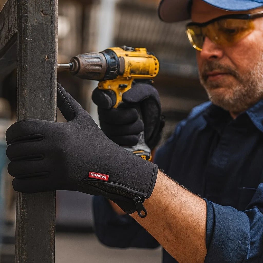 Worker wearing black gloves and safety glasses while using a yellow drill