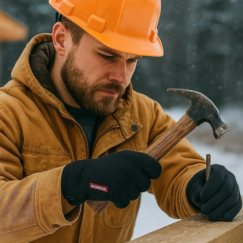 Worker wearing black gloves and an orange hard hat while using a hammer