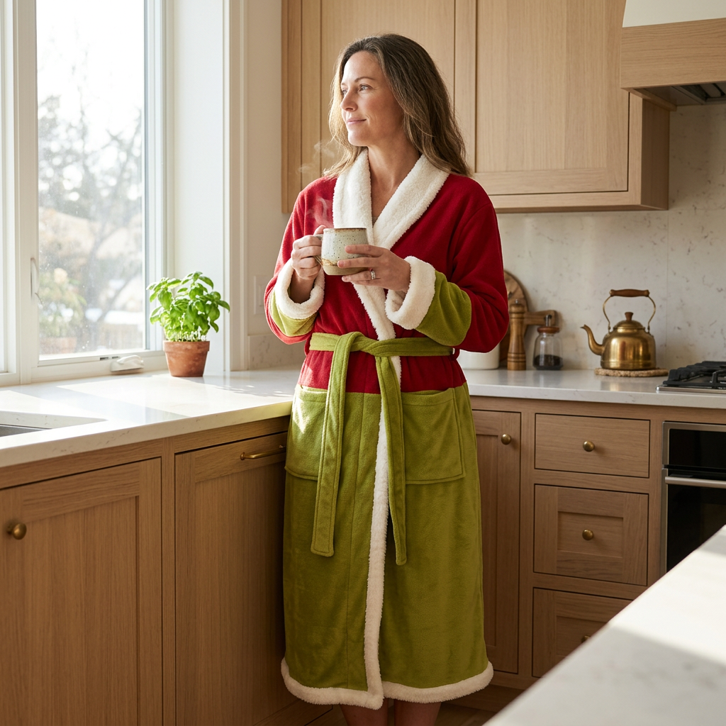 Woman wearing the red and green robe while holding a mug by a kitchen window